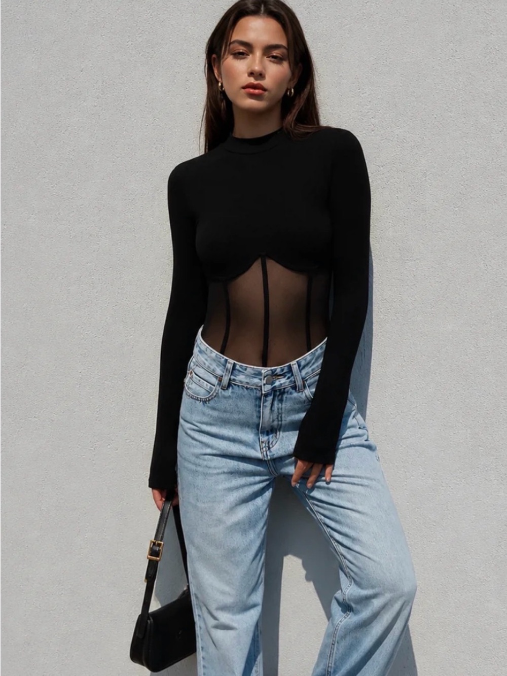Commense Mesh Combination Corset Long Sleeve Top